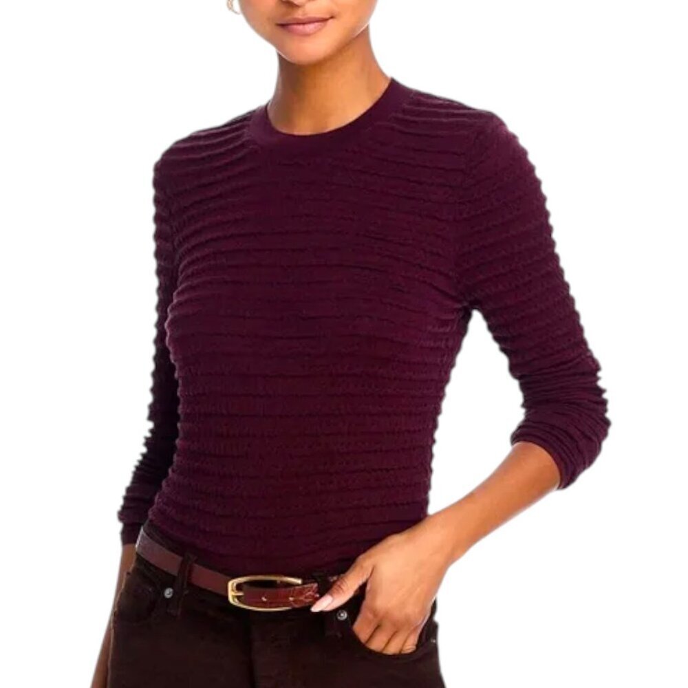 Frame Silk Blend Smocked Long Sleeve Crew Neck Top - Wine - L